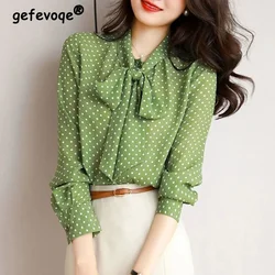 Spring Fall Women's Green Polka Dots Print Simple Button Up Shirt Elegant Sweet Bow Long Sleeve Loose Office Ladies Blouses Tops