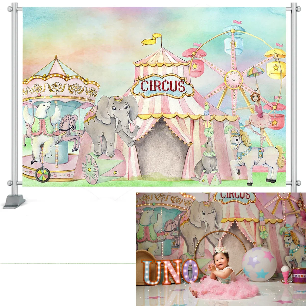 CircusThemed 어린이 현금 스매시 사진 배경, 첫 번째 생일 소품, 아기 예술적 초상화 텐트, 어린이 배경 사진 스튜디오