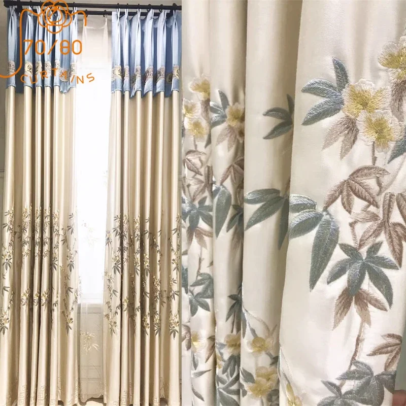 

New Chinese Classical Cream Luster Embroidered Window Screen Curtains for Living Room Bedroom French Window Finished