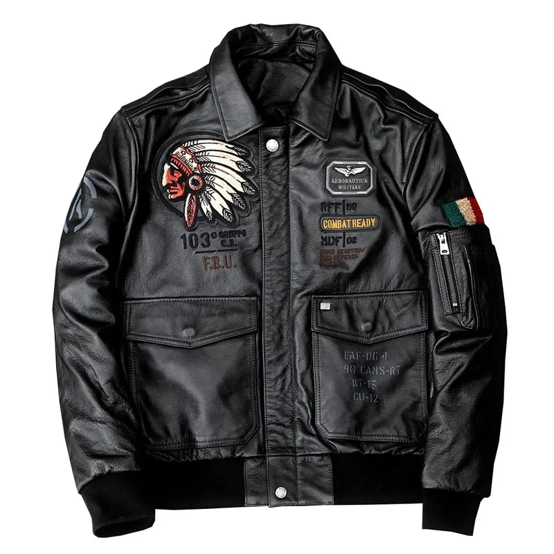 

Indian New Embroidery Flying Suit Natural Genuine Leather Coat Men Cowhide Motorcycle Jackets Slim Fashion Clothing