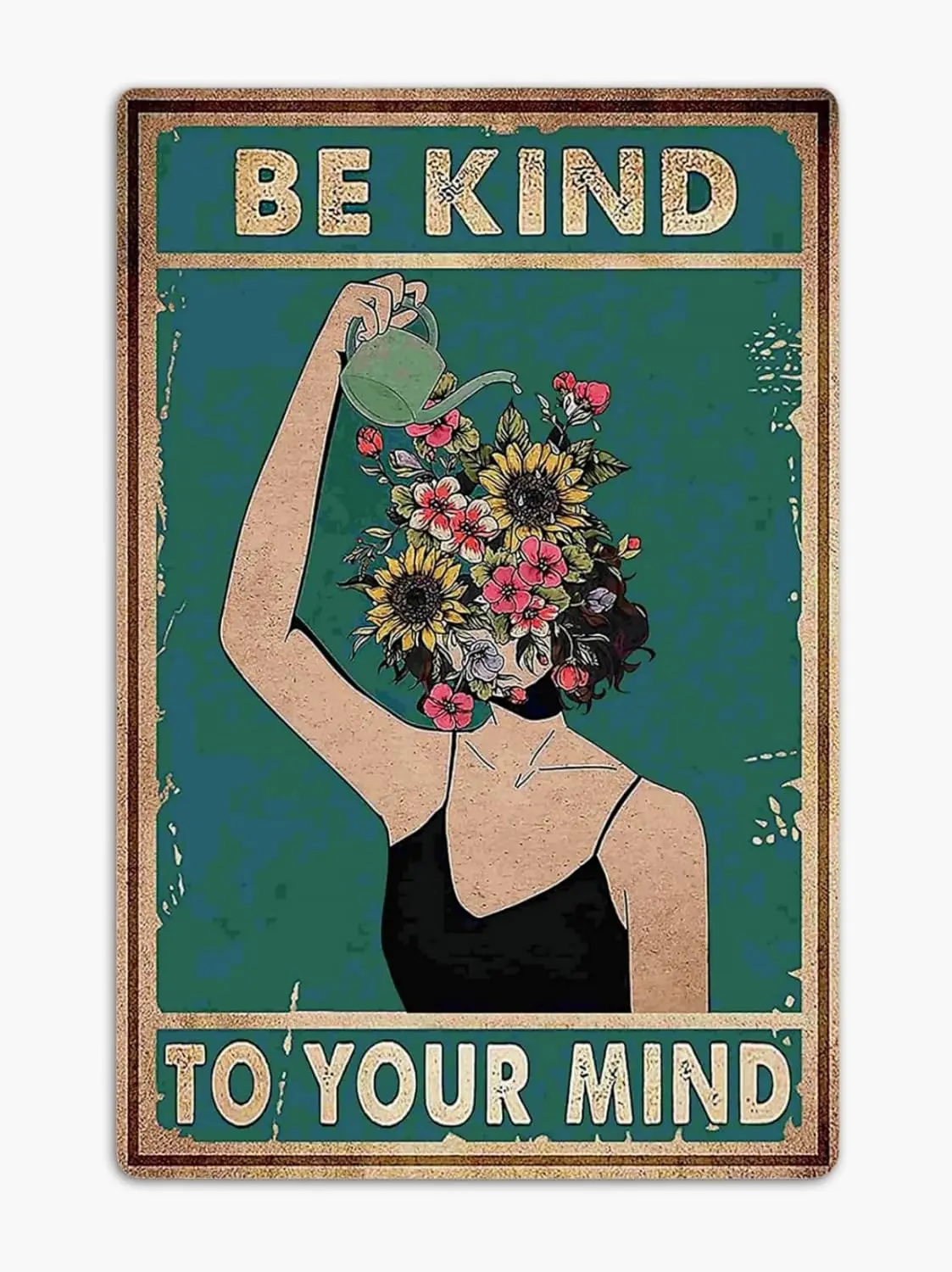 Vintage Metal Tin Sign Be Kind to Your Mind Green Boho Room Aesthetic Decoration Land Lady Gift Floral Woman Gift for Plant Love