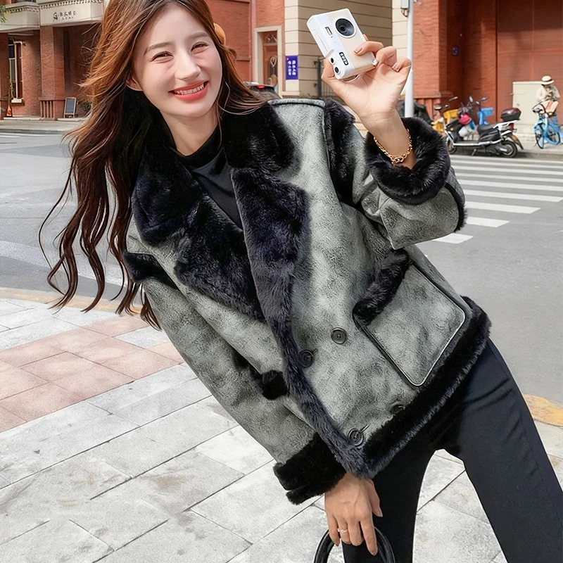 

Пальто из овечьей шерсти с принтом тай-дай, зима 2022, корейский стиль, цветной блок, плюшевая женская повседневная меховая куртка большого размера с зубчатым воротником