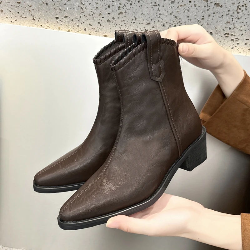 

AIYUQI Women's Ankle Boots and Booties Pointed Toe Braid Women Biker Boots Large Sizes female Western Cowboy Boots