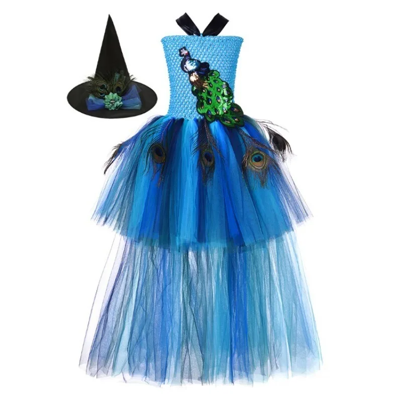 

High Low Peacock Long Tutu Dress Girls Birthday Halloween Costumes Kids Evening Party Fancy Dresses Princess Pageant Ball Gown