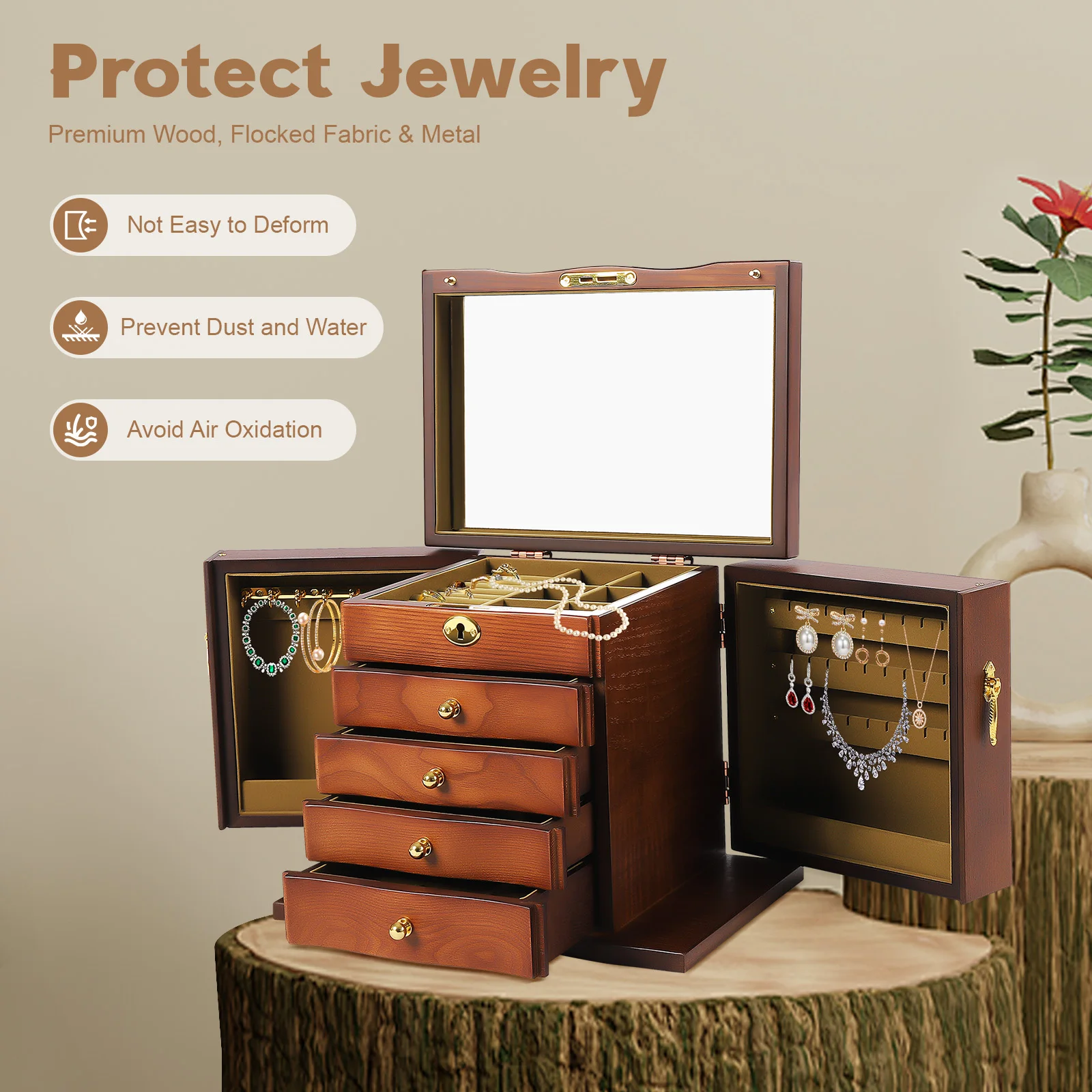 

5-Tier Multifunctional Wooden Jewelry Box with Mirror Removable Retro Wood Organizer with Combo Lock for Jewelries