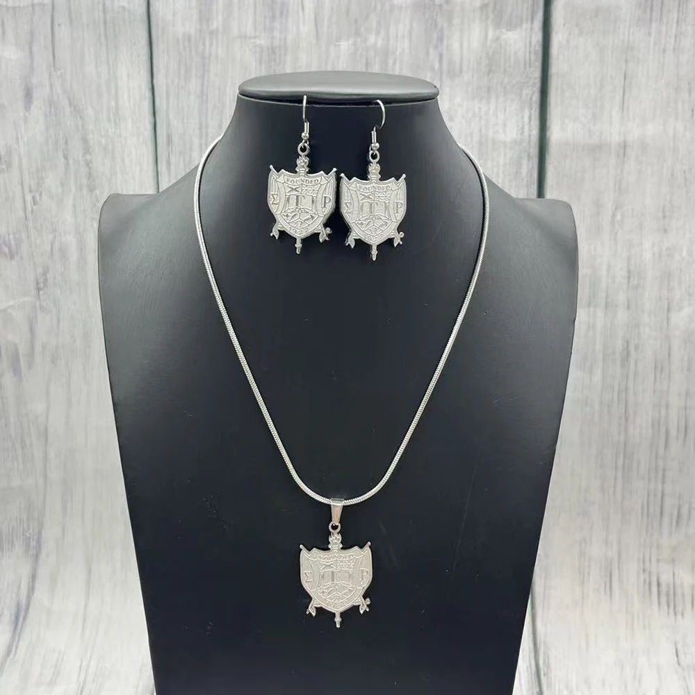 Handmade high-quality Greek fellowship Sigma Gamma Rho stainless steel shield pendant jewelry necklace earring set