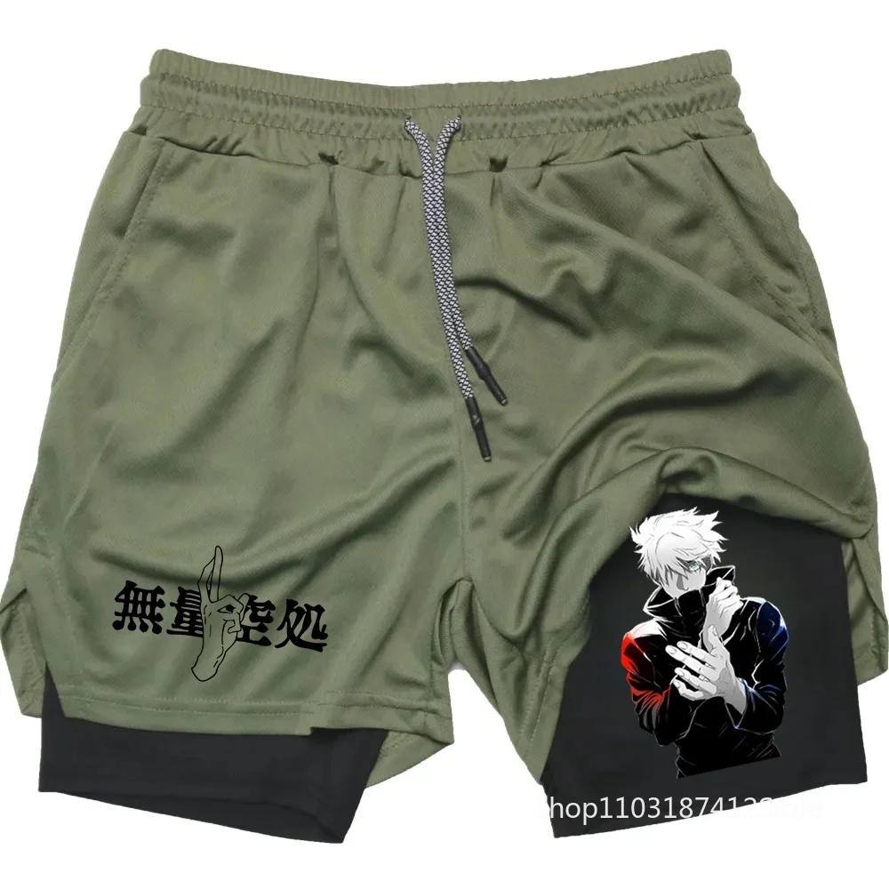 Men Anime Double Layer Shorts Gym Workout Printed Sports Multi-Performance Training Quick-Drying Jogging Pants Towel Pants M-3XL