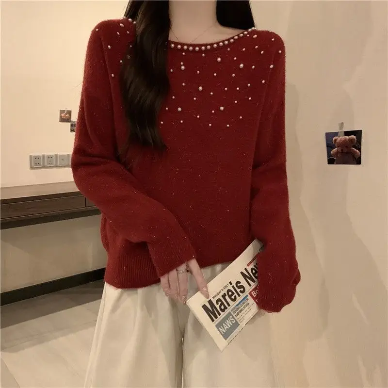 Korean Fashion Autumn Winter Sweaters Women\'s O-Neck Embroidered Flares Sweet Casual Long Sleeve Loose Pullovers Knitted Tops