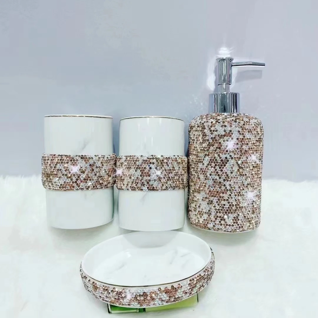 4PCS Set Rhinestones Empty Lotion Bottle Liquid Soap Dispenser Pump Container Wash Cup Tooth Brush Toothpaste Organizers Ceramic