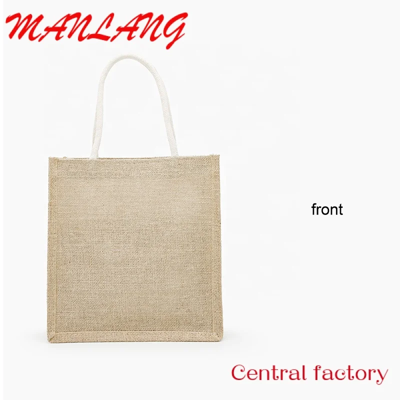 Eco Vriendelijke Custom Gedrukt Logo Vierkante Vorm Strand Totebag Gelamineerd Canvas Katoen Winkelen Jute Draagtas