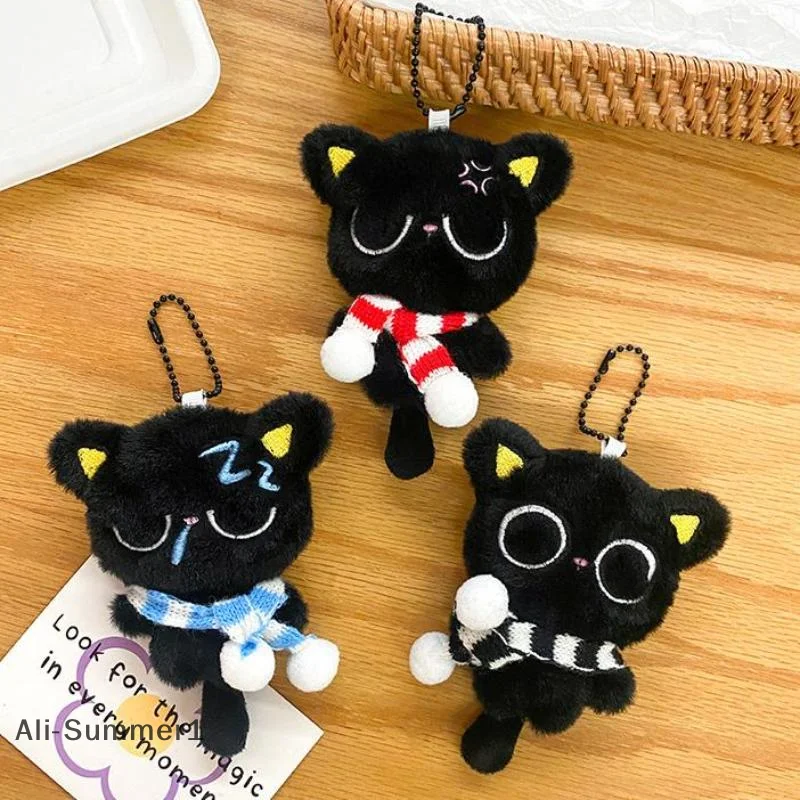 【E】漫画風黒猫ぬいぐるみキーホルダー ソフトなぬいぐるみ 可愛いスクールバッグペンダント飾りギフト