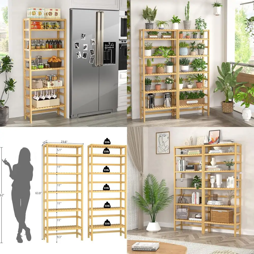 

6-уровневая бамбуковая книжная полка, регулируемый стеллаж высотой 63,4 для дома и офиса, естественная отделка