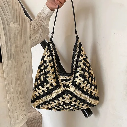 Imagen 2 del producto Bolso de paja tejido para mujer, bolso de hombro de playa tejido a mano calado para mujer, bolso de playa perfecto para vacaciones