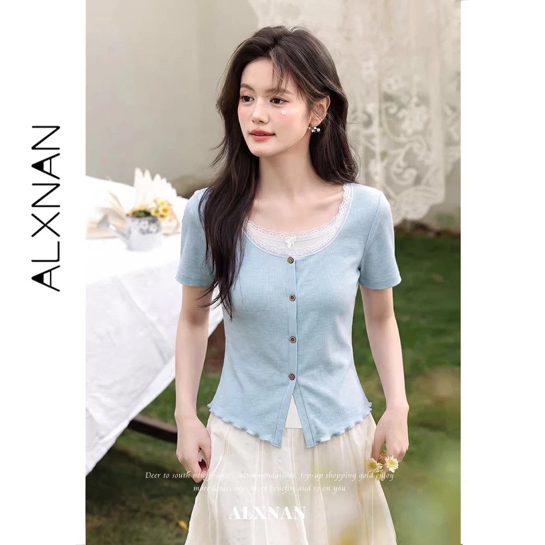 ALXNAN Blue Women's T-shirt with Lace Collar Elegant Wooden Flower Buttons Tees Casual Fake Two-piece Short Sleeve Top L62123-5 view 3