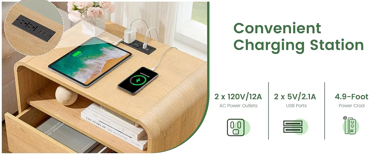 nightstand night stand bedside end table bed side bedroom nightstands charging station natural tall