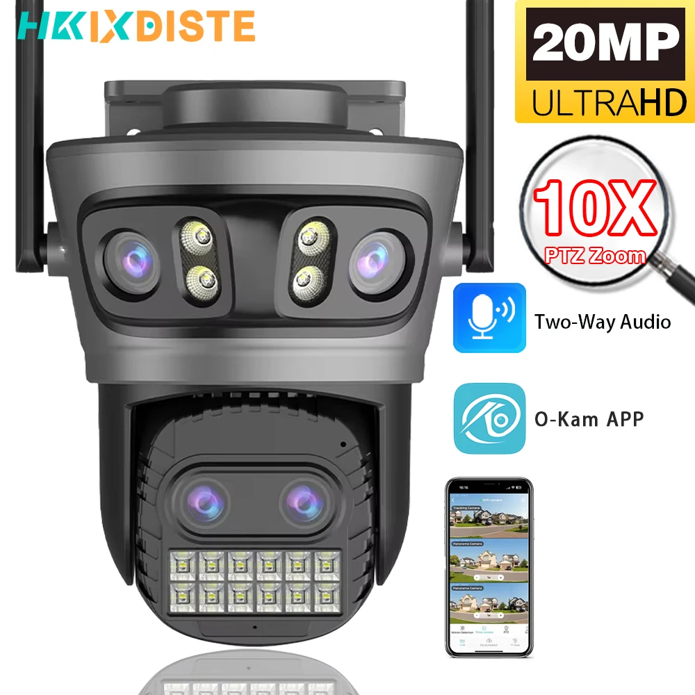 

10X Zoom 20MP10K PTZ Wifi Camera Four Lens Surveillance Camera Outdoor 360°No Dead Angle Ultra Long Range Night Vision Security