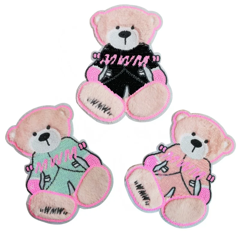 

6PCS Children Custom Clothes Accessories Parches Bear Patch Garment Sew On Sequined Felt Clothing Patches For Bag Jackets P0028