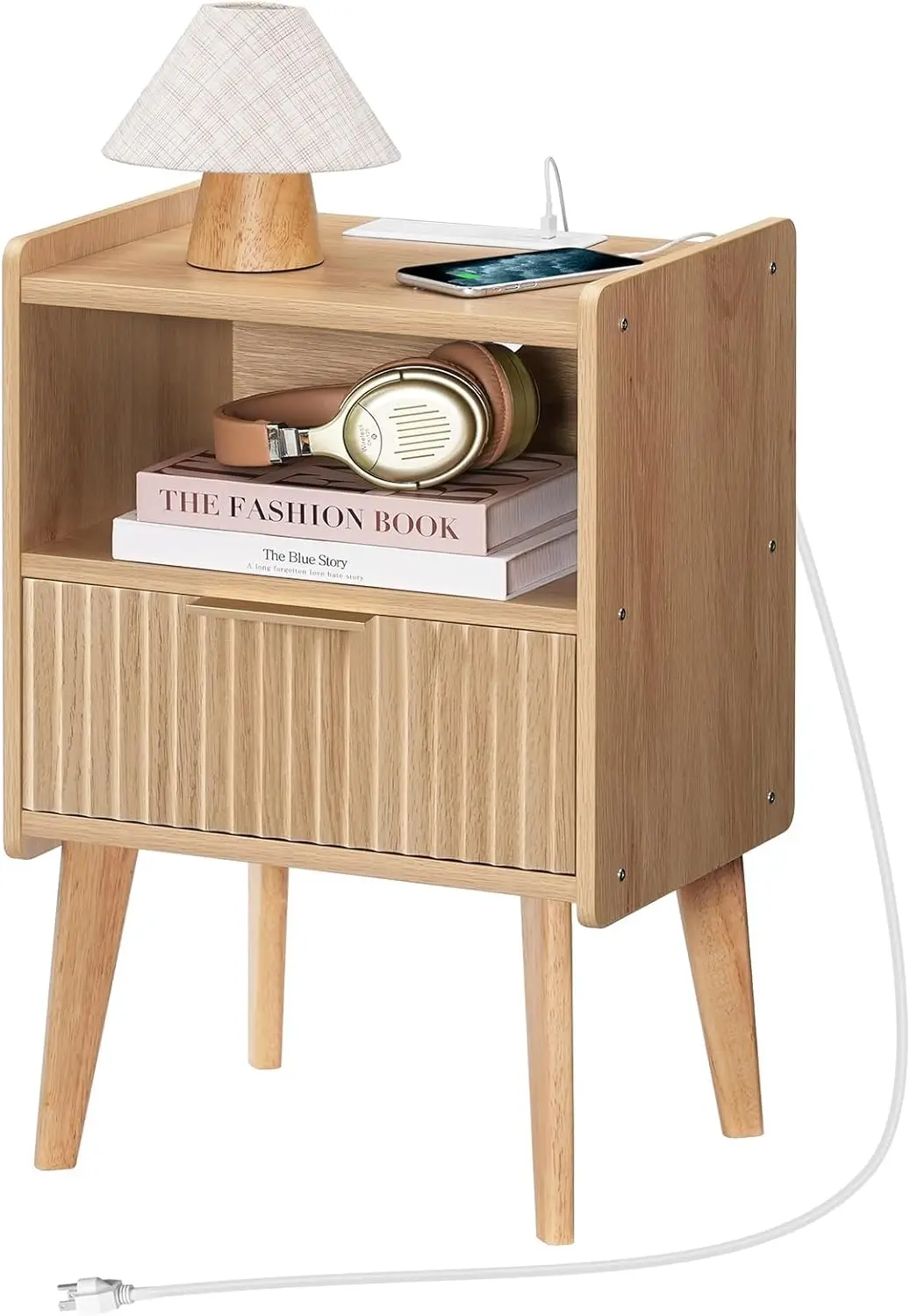 

Modern Nightstand with Charging Station, Drawer and Storage Shelf, Solid Wood Legs for Bedroom or Living Room