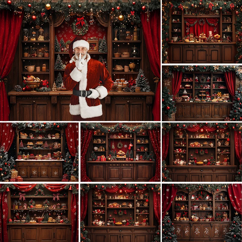 

LS Christmas Kitchen Photography Background Xmas Tree Garland Cabinet Decor Girl Holiday Photo Portrait Backdrop Studio Props