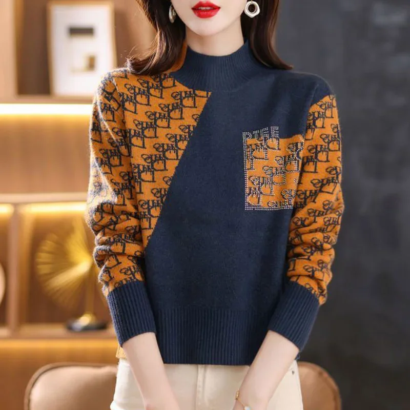 Women Clothing Letter Jacquard Sweaters Autumn Winter Wool Knitted Thick Pullovers Office Lady Vintage Elegant Fashion Knitwear