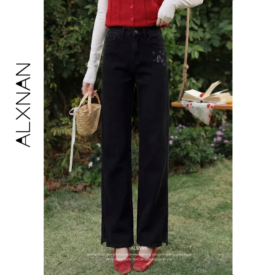 

ALXNAN Black Flared Jeans Women High Waist Slim Fit Split Denim Pants Summer Embroidery Casual Baggy Wide Leg Trousers L61871A