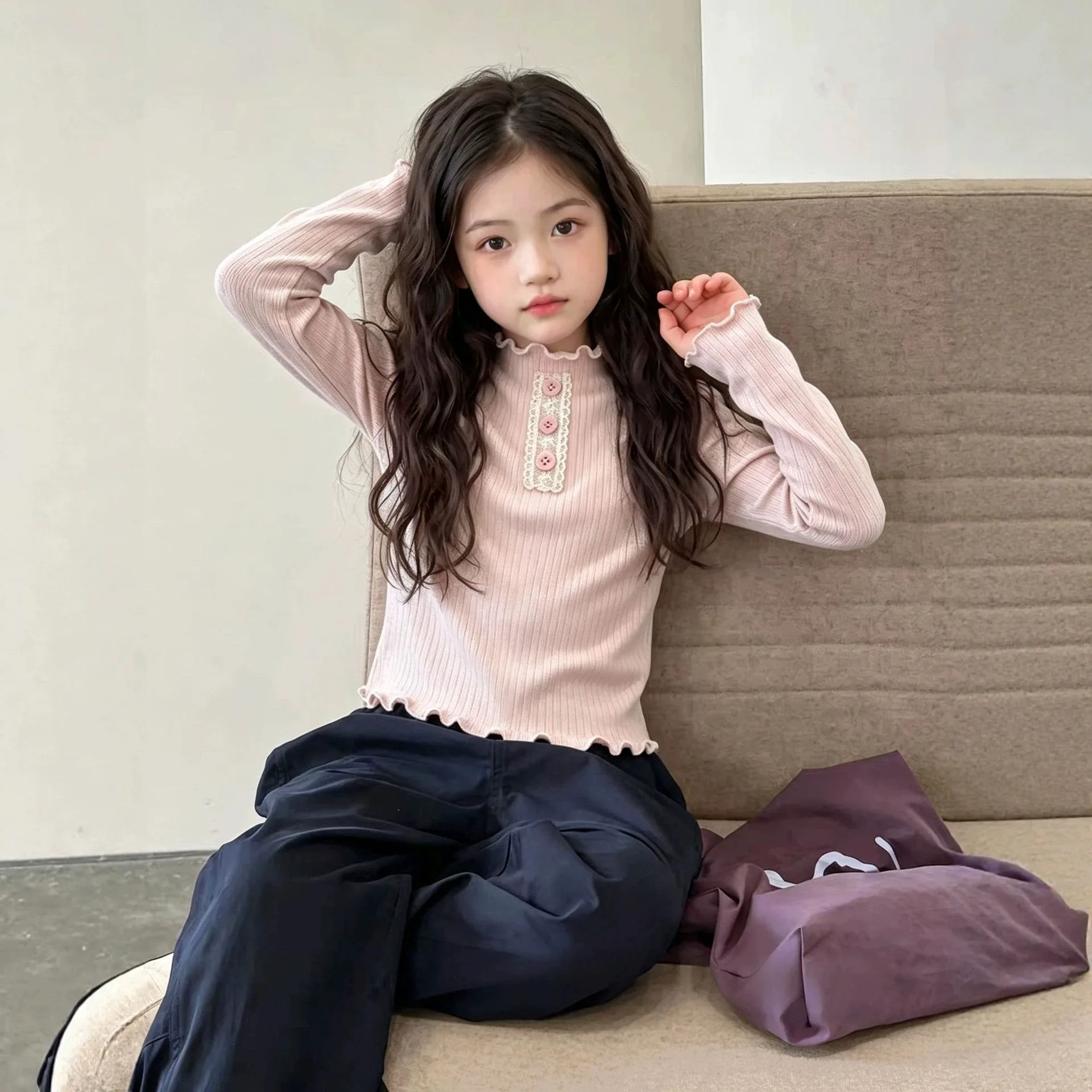 Spring Autumn Childrens Wear Girls Baby Ruffled Undershirt Kids New Long Sleeve T Half High Neck Casual Top