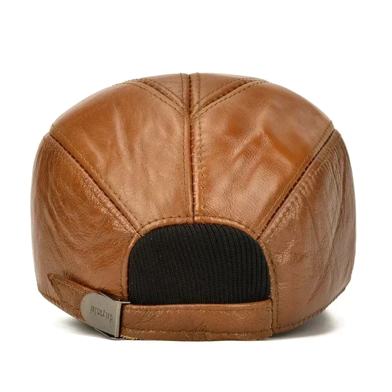 Men Cowhide Leather Earlap Caps Male Fall Winter Cow Leather Hats New Casual Leather Outdoor Baseball Cap