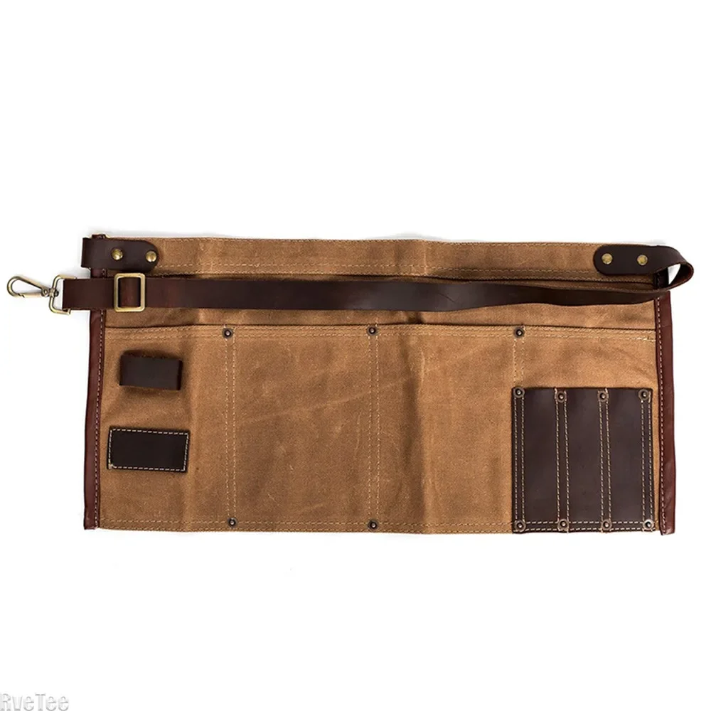 Waterproof Waxed Canvas Tool Apron With The Adjustable Genuine Leather Belt For Electrician Tools Garden Tool