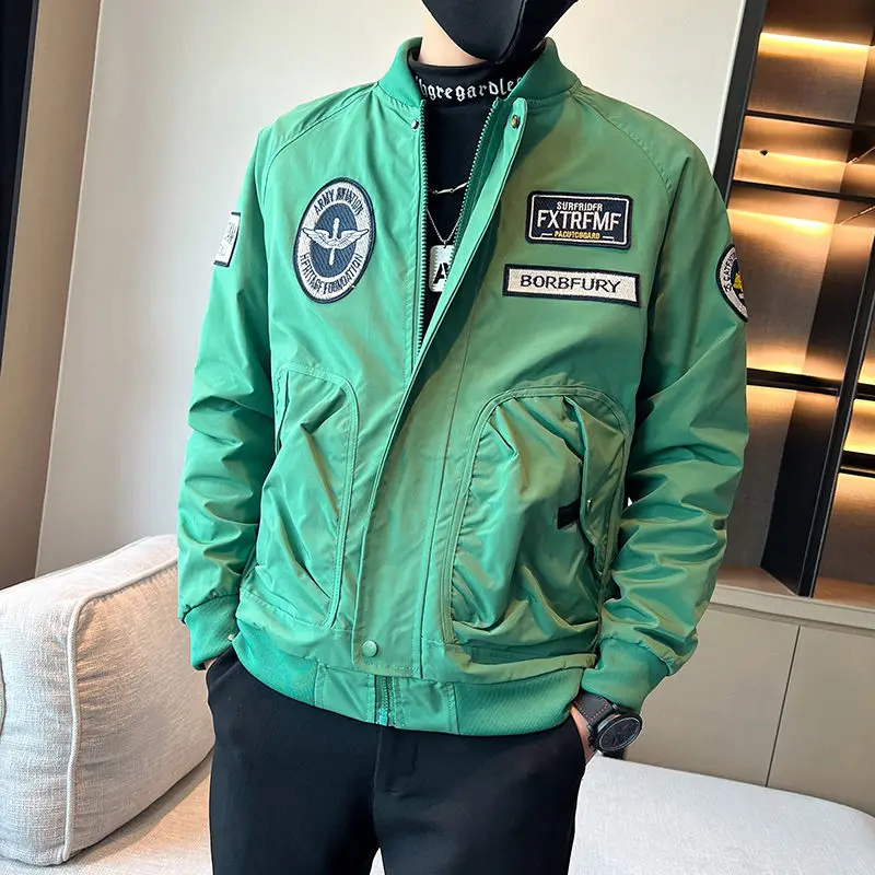 Baseball Jacket for Men Green Spring Autumn Man Bomber Coat Embroidery Clothing Fashion 2024 Cold Casual Trendy Cheap Sale Joker