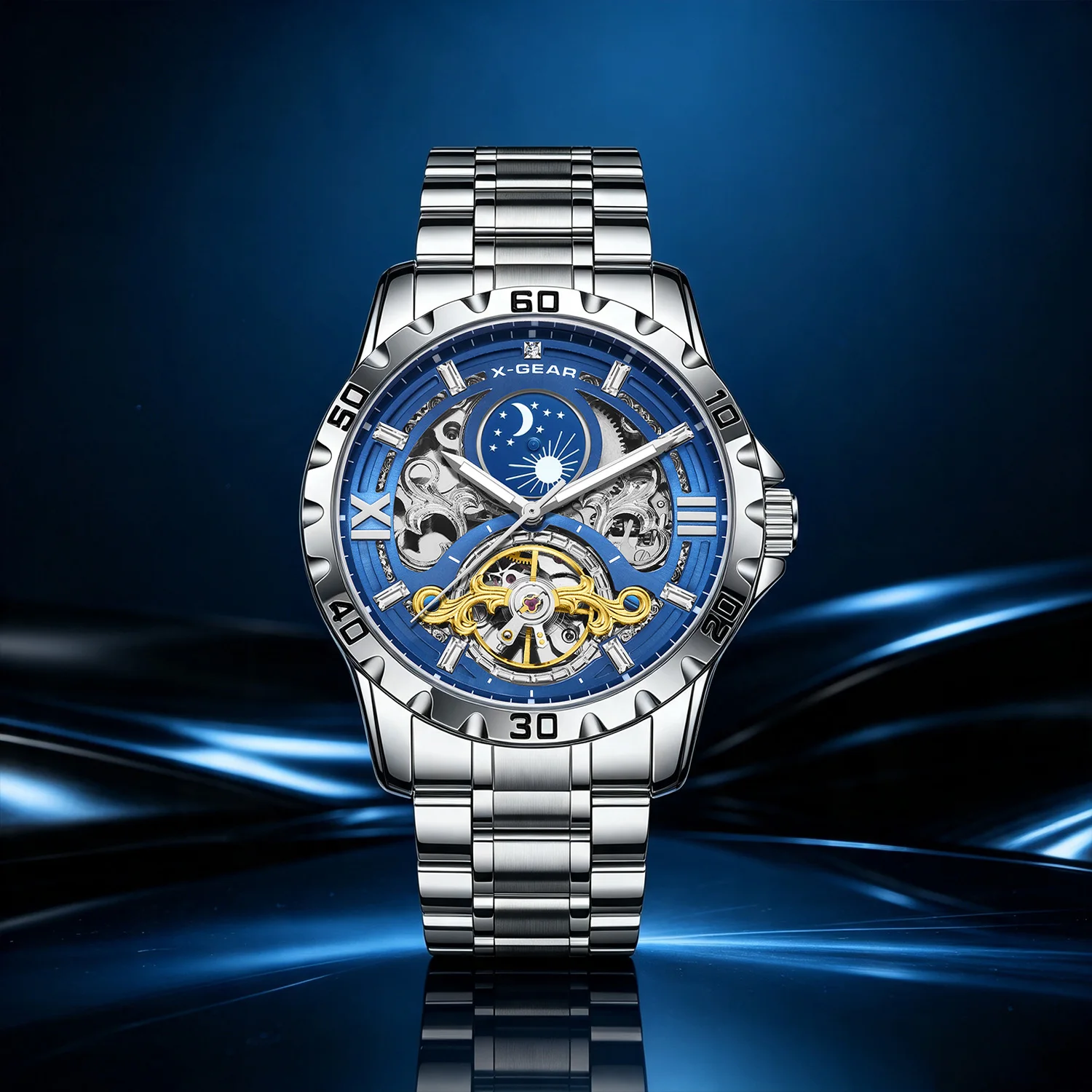 Hot Sale Starry Sky Moon Phase Men's Automatic Watch Luminous Stainless Steel Mechanical Wristwatch with Tourbillon Style