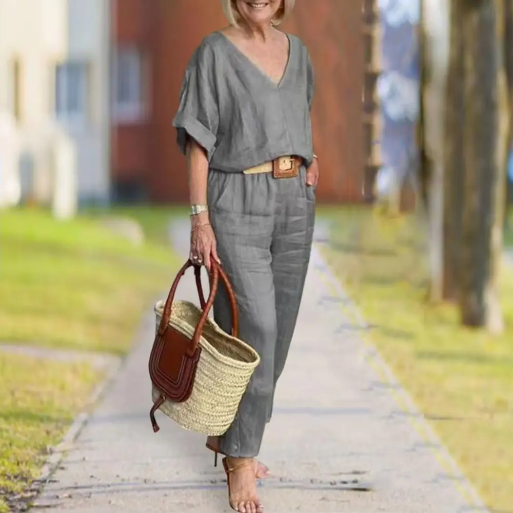 Lady Autunno Estate Outfit Donna T-shirt Pantaloni Set Tinta unita Scollo a V Elastico in vita Mezza manica Tasche a vita alta Top Pantaloni 2025