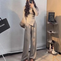 Casual Autumn New Style Women's Slim Fit T-Shirt And High Waist Wide Leg Pants Asymmetrical Long Sleeve Two Piece Set