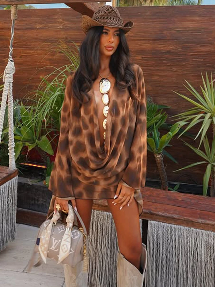 Nibber Print Fashion Patchwork Dress Women Autumn New Trend Swing Collar Full Sleeve High Street Wild Style Hipster Mini Bodycon