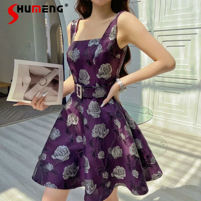 High-Grade Temperament Square Collar Rose Jacquard Waist-Tight Purple Vest Dresses For Women's Summer Elegant Slings Vestidos