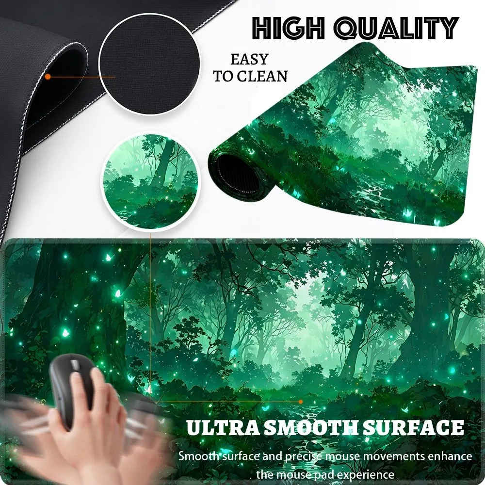 Extra Large Gaming Mouse Pad | Anime Forest with Firefly Stream Green Natural Scenery, Polyester Fiber, Desktop Decoration