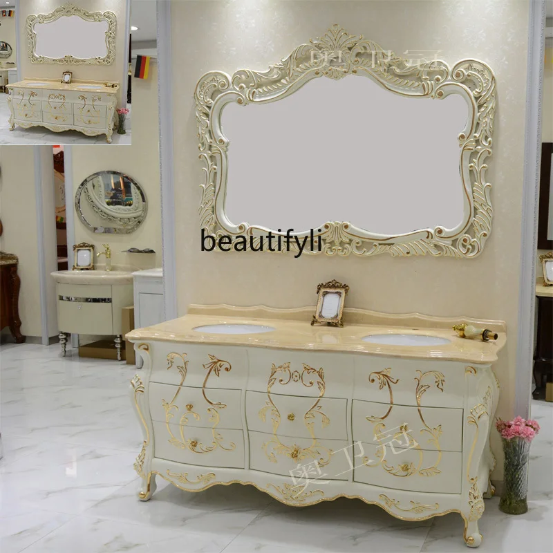 Luxury European-Style Luxury Bathroom Cabinet Oak Hand Washing Washbasin Cabinet Solid Wood Double Basin Wash Basin