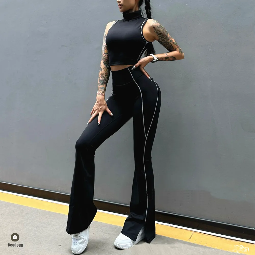 

1/2PCS Yoga Set Women Workout Set Sportswear Gym Clothing Fitness High Neck Top Bra High Waist Wide Flare Leggings Active Suits