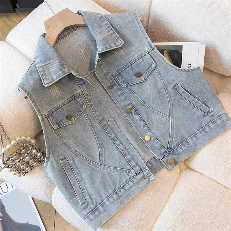 

Модный джинсовый жилет в стиле ретро, женский короткий тонкий синий джинсовый жилет, женский 2026, весна-осень, новый повседневный жилет с рукавами, топ
