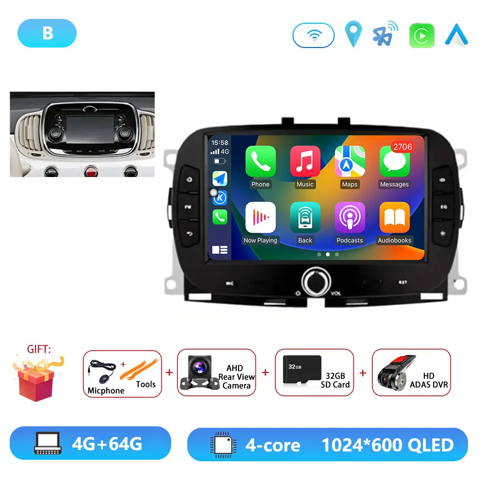 Android15 Voor Fiat 500 2016-2019 Autoradio Multimedia Speler Video Navigatie Carplay Stereo GPS WIFI DSP Carplay Android auto
