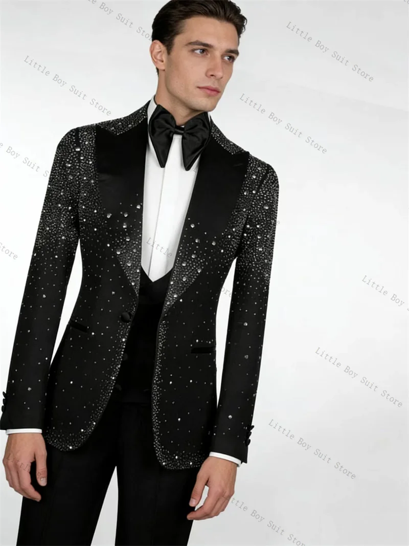 

Crystals Black Cotton Men Suit Set 3 Pieces Vest+Blazer+Pants Trousers Wedding Tuxedo Formal Office Party Coat Customized