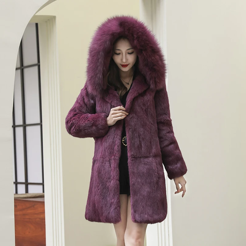 

Winter Natural Fur Full Pelt Rabbit Fur Coat with Fox Fur Hooded Collar Women Fox Fur Jacket Free shipping Customize Big Size