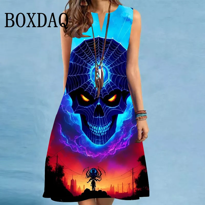 Fashion Tie Dye Gradient 3D Skull Dresses For Women 2025 New Summer Sleeveless Loose Midi Dress Casual V-Neck Party A-Line Dress