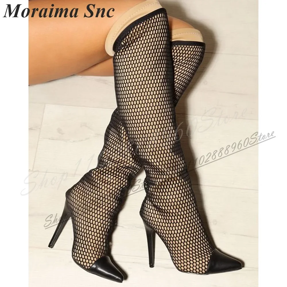 

Stylish Knee High Black Net Boots Thin High Heel Shoes For Women Slip On Pointed Toe 2025 Fashionable Zapatos Para Mujere