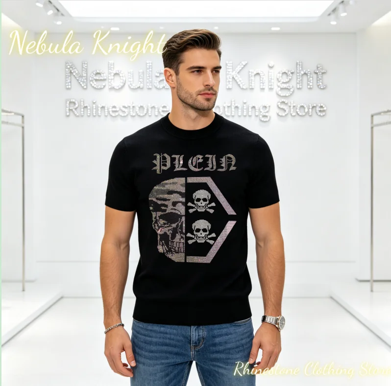 Summer Men's Bling Rhinestone Cotton T-Shirt O-Neck Short Sleeve Luxury Crystal Streetwear Casual Top for Daily Wear