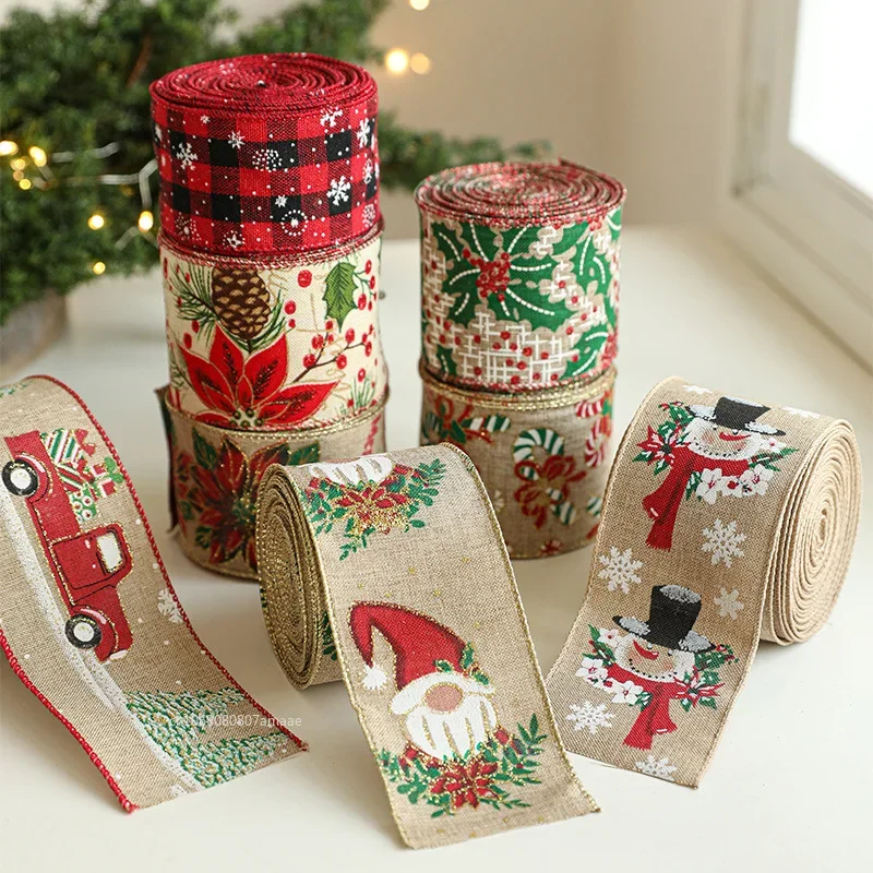 2M Christmas Craft Ribbon Imitation Wire Edge Linen Ribbon Christmas Party Decoration Red and Green Snowflake Plaid Ribbon