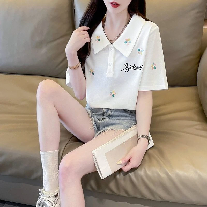 Women's Summer 2026 Stylish Design Polo Collar Embroidery T Shirt Youthful Slimming Short Sleeve Top