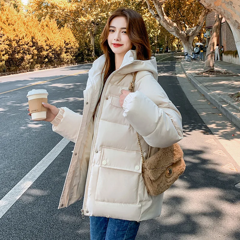 

Women Parkas Thick Warm Coats Loose Hooded Zipper Jackets Splice Single Breasted Pockets Coat Autumn Winter Streetwear