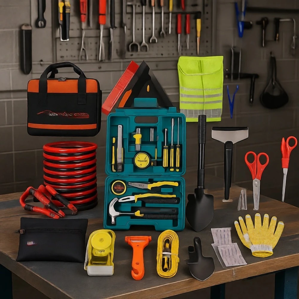 

Car Roadside Emergency Kit with Jumper Cables, Repair Tools & Survival Shovel