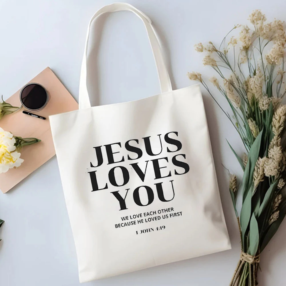 Print Designs Jesus Loves You Womens Handbags Christian Merch Bible Verse Jesus Canvas Tote Bags Reusable Grocery Large Capacity