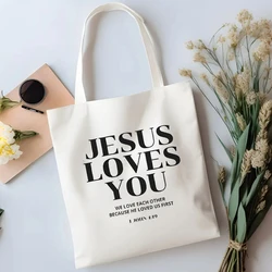 Stampa disegni gesù ti ama borse da donna Christian Merch Bible Verse Jesus Canvas Tote Bags riutilizzabile Grocery grande capacità